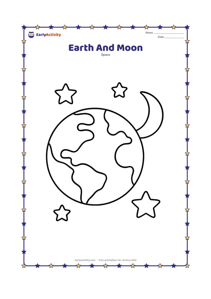 Colouring page: A large Earth with one simple crescent Moon beside it, surrounded by a few big stars. Show one broad ocean, two or three large continents and a clear empty background.