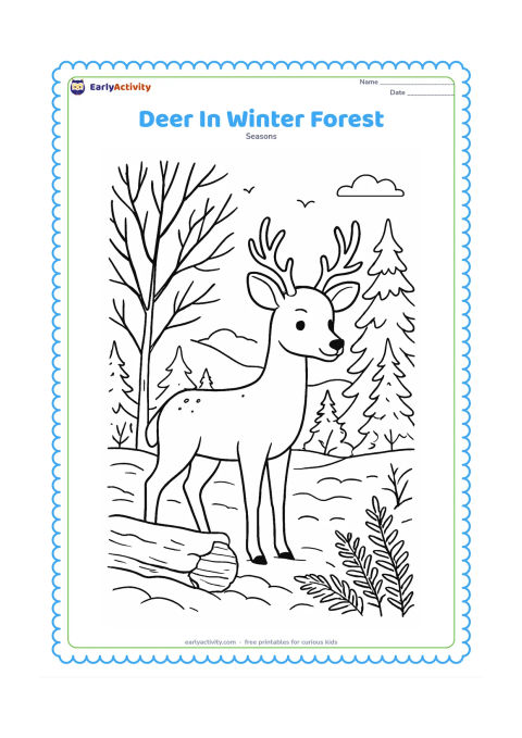 Colouring page: A gentle deer pauses in a winter forest beside a snow-covered fallen log. Add bare branches, pine trees, ferns, distant hills and a few birds in the pale sky.
