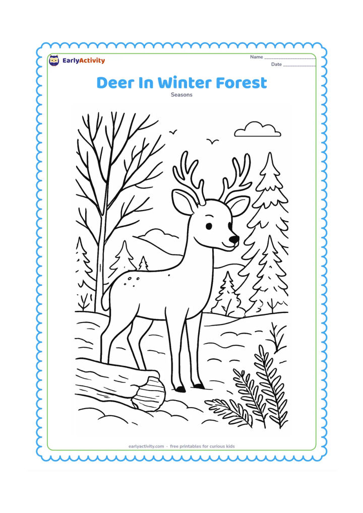 Colouring page: A gentle deer pauses in a winter forest beside a snow-covered fallen log. Add bare branches, pine trees, ferns, distant hills and a few birds in the pale sky.