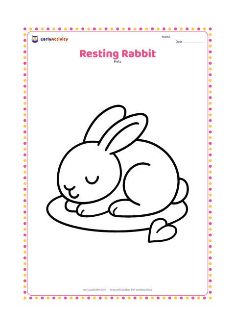 Colouring page: A rabbit rests curled into a soft round shape with its eyes closed, ears folded gently to one side and its tail visible. Place it on a simple oval mat with one small heart-shaped leaf…