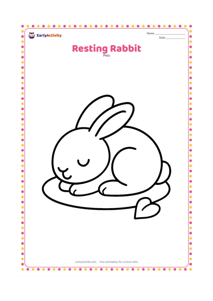 Colouring page: A rabbit rests curled into a soft round shape with its eyes closed, ears folded gently to one side and its tail visible. Place it on a simple oval mat with one small heart-shaped leaf…
