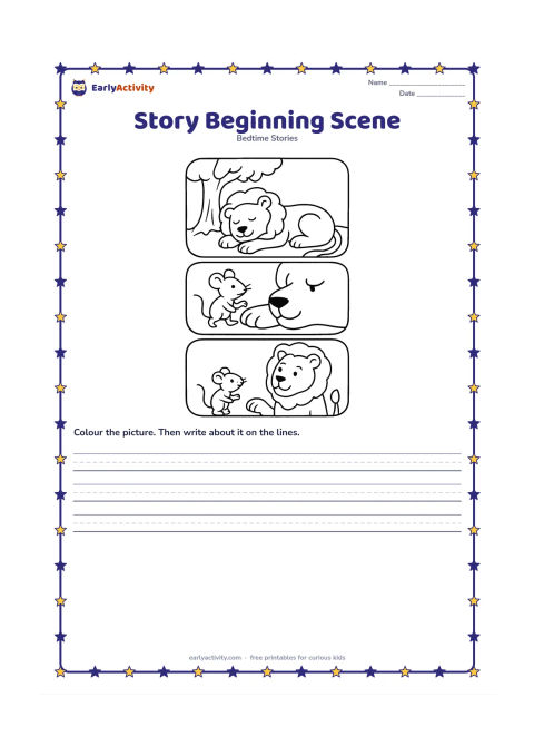 Printable: Create a three-part picture strip without words: first the lion sleeps under a tree, then the mouse crosses his paw, and finally the lion listens to the mouse. Separate the three scenes…