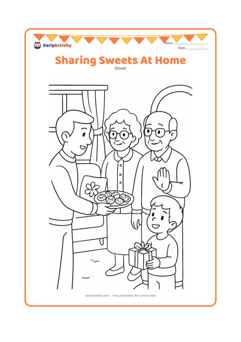 Colouring page: An adult offers a plate of sweets to visiting grandparents while a child carries a small gift box beside them. Show a decorated living room with cushions, flowers, and a doorway.