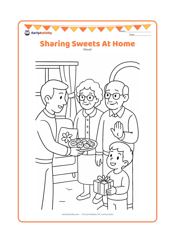Colouring page: An adult offers a plate of sweets to visiting grandparents while a child carries a small gift box beside them. Show a decorated living room with cushions, flowers, and a doorway.
