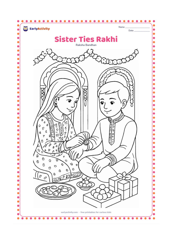Colouring page: A sister carefully ties a decorative rakhi on her brother's wrist during a family celebration. Show detailed traditional clothing patterns, a decorated doorway, a flower garland, a…