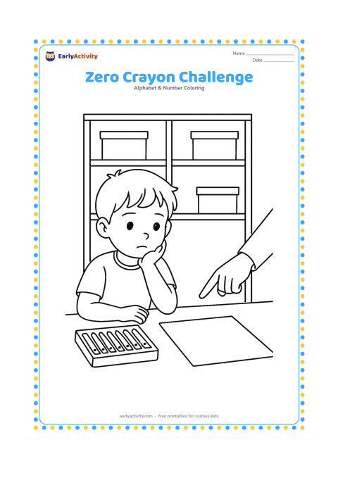 Colouring page: Draw a child looking thoughtfully at a completely empty crayon tray while an adult points toward a blank drawing sheet. Include an open cupboard with empty compartments and a few…