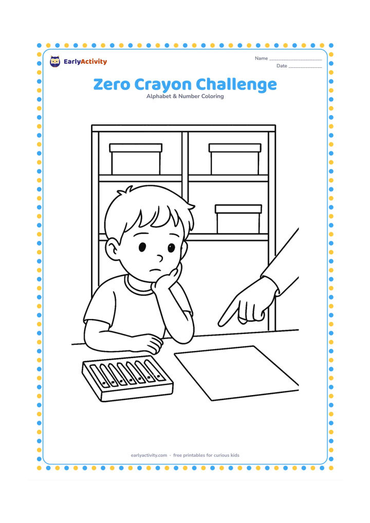 Colouring page: Draw a child looking thoughtfully at a completely empty crayon tray while an adult points toward a blank drawing sheet. Include an open cupboard with empty compartments and a few…