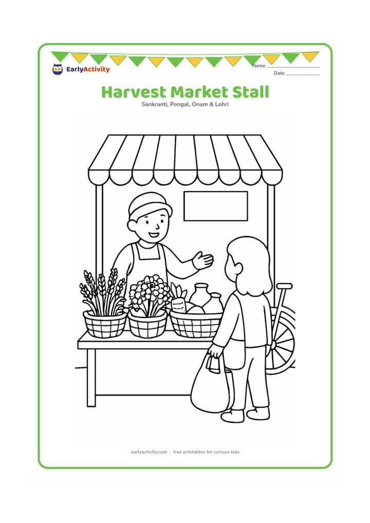 Colouring page: A friendly vendor stands at a village market stall with baskets of wheat, mustard flowers, vegetables and earthen pots. Add a customer carrying a cloth bag, a striped canopy and a…