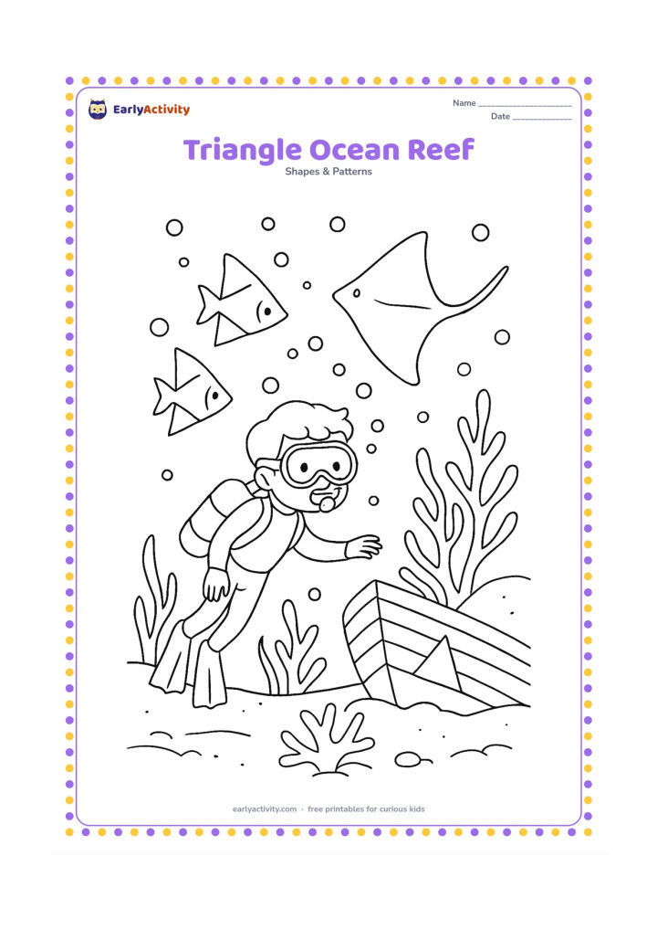 Colouring page: Underwater, a child diver observes triangular fish, a sail-shaped ray, coral with triangle branches, and a sunken boat with a triangular opening. Add bubbles, sea plants, and a sandy seabed.