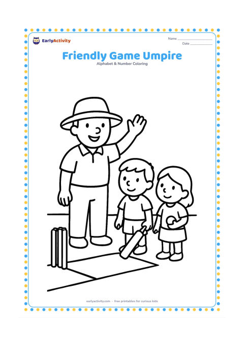 Colouring page: Draw a smiling umpire standing beside a simple cricket pitch, holding one raised hand while two children wait with a bat and ball. Show only a few field markings.
