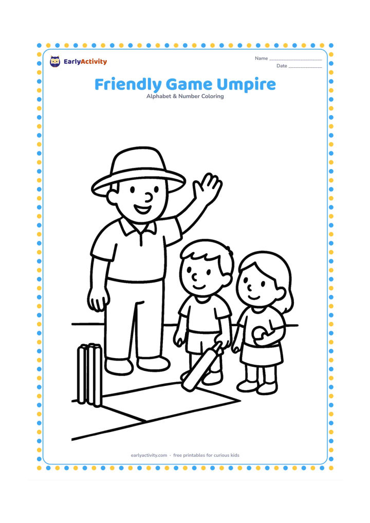 Colouring page: Draw a smiling umpire standing beside a simple cricket pitch, holding one raised hand while two children wait with a bat and ball. Show only a few field markings.