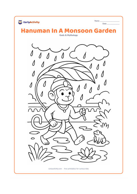 Colouring page: Hanuman walks through a rainy garden holding his gada beneath a large leafy branch, with puddles, lotus flowers, and a small frog nearby. Add layered clouds and a simple Indian courtyard…