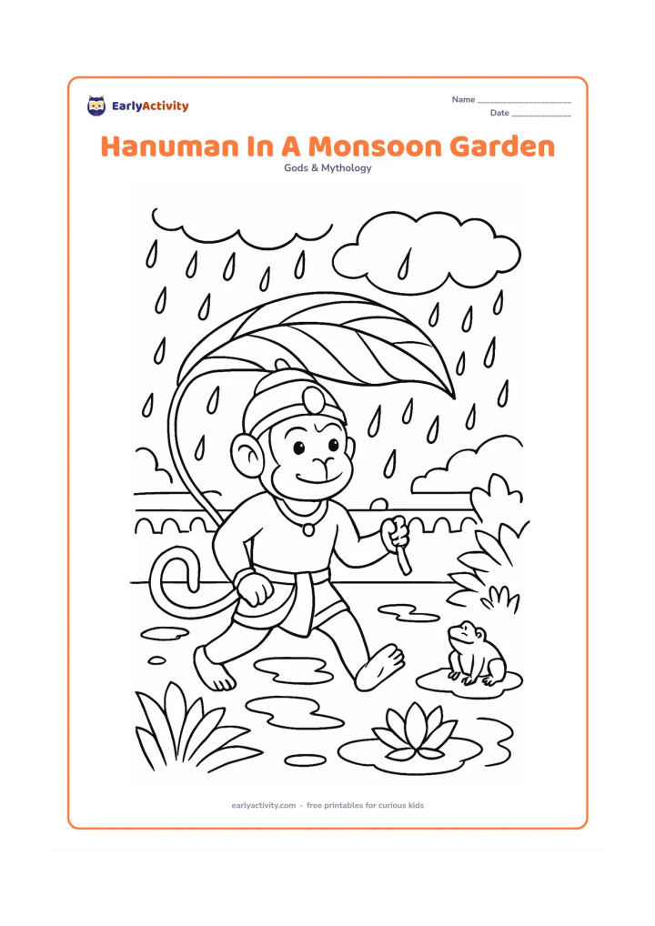 Colouring page: Hanuman walks through a rainy garden holding his gada beneath a large leafy branch, with puddles, lotus flowers, and a small frog nearby. Add layered clouds and a simple Indian courtyard…