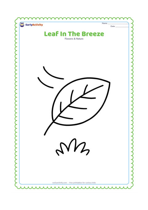 Colouring page: One broad oval leaf blowing gently through the air, shown at a slight angle with two large curved motion lines and a simple patch of grass below.