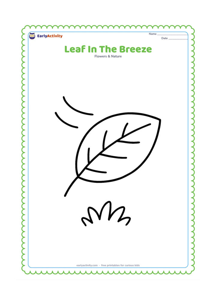 Colouring page: One broad oval leaf blowing gently through the air, shown at a slight angle with two large curved motion lines and a simple patch of grass below.