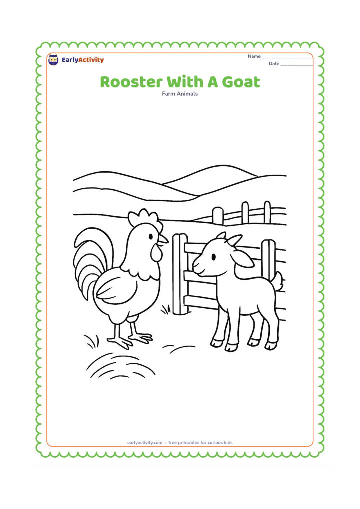 Colouring page: Draw a rooster and a small goat meeting beside a farm gate. Add a hay pile, distant hills and a few fence posts behind them.