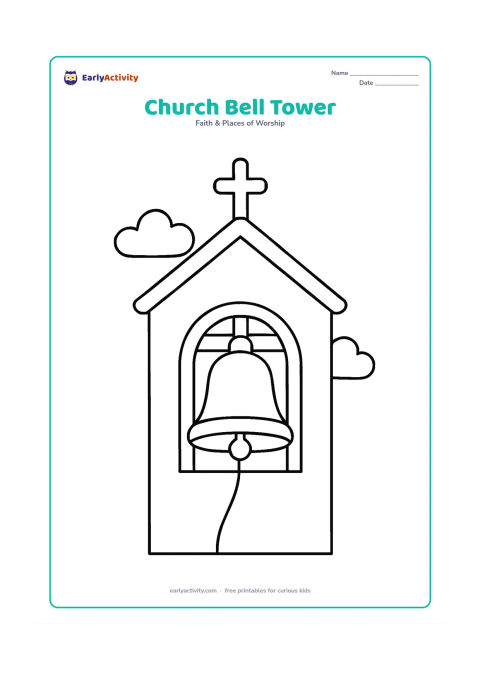Colouring page: A single church bell hanging inside a small square tower, with a simple roof, a cross on top, two open archways, and a cloud on each side.