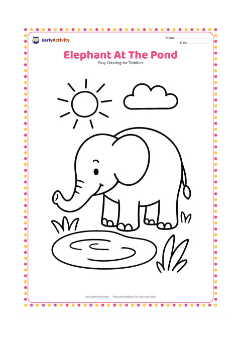 Colouring page: Draw one friendly elephant standing beside a small pond, lifting its trunk to drink. Include a few large water ripples, two broad plants and a sunny cloud in the background.