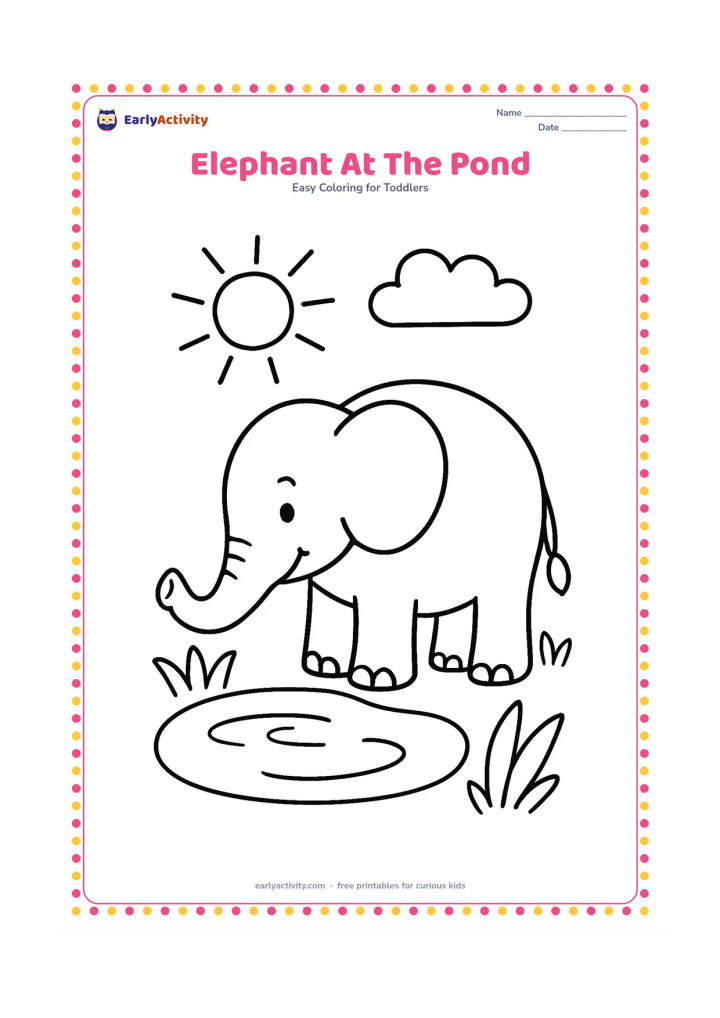 Colouring page: Draw one friendly elephant standing beside a small pond, lifting its trunk to drink. Include a few large water ripples, two broad plants and a sunny cloud in the background.