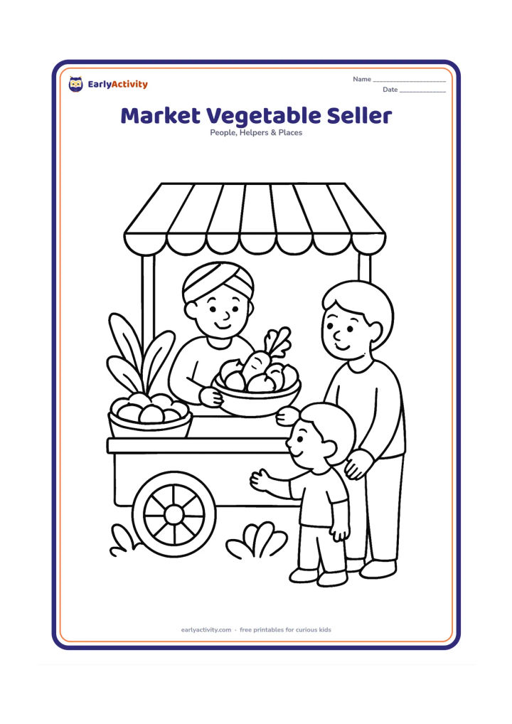 Colouring page: A cheerful vegetable seller sits behind a simple Indian market stall and offers a basket of vegetables to a child and parent. Show baskets, a striped canopy, a handcart and a few broad…