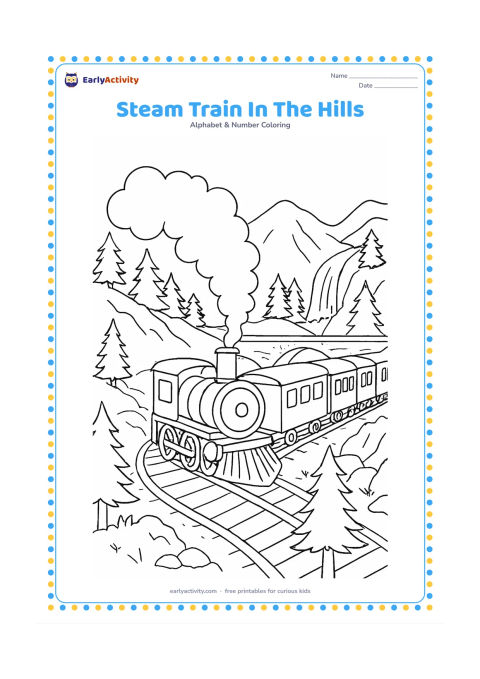 Colouring page: Draw a classic steam train travelling around a curving mountain track, with a plume of steam, a bridge, pine trees, rocky slopes, and a distant waterfall. Show the engine and several…