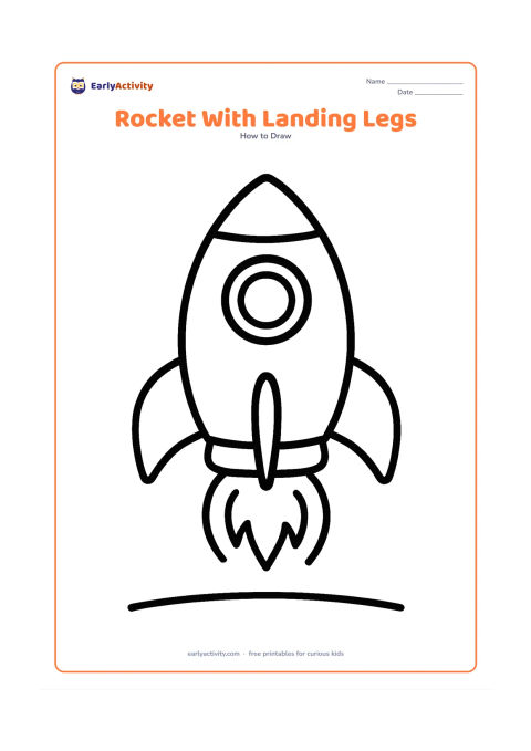 Worksheet: A front-facing rocket with a rounded body, pointed nose, large window, two fins and two wide landing legs touching a simple ground line. Add three curved flames behind it and no text.