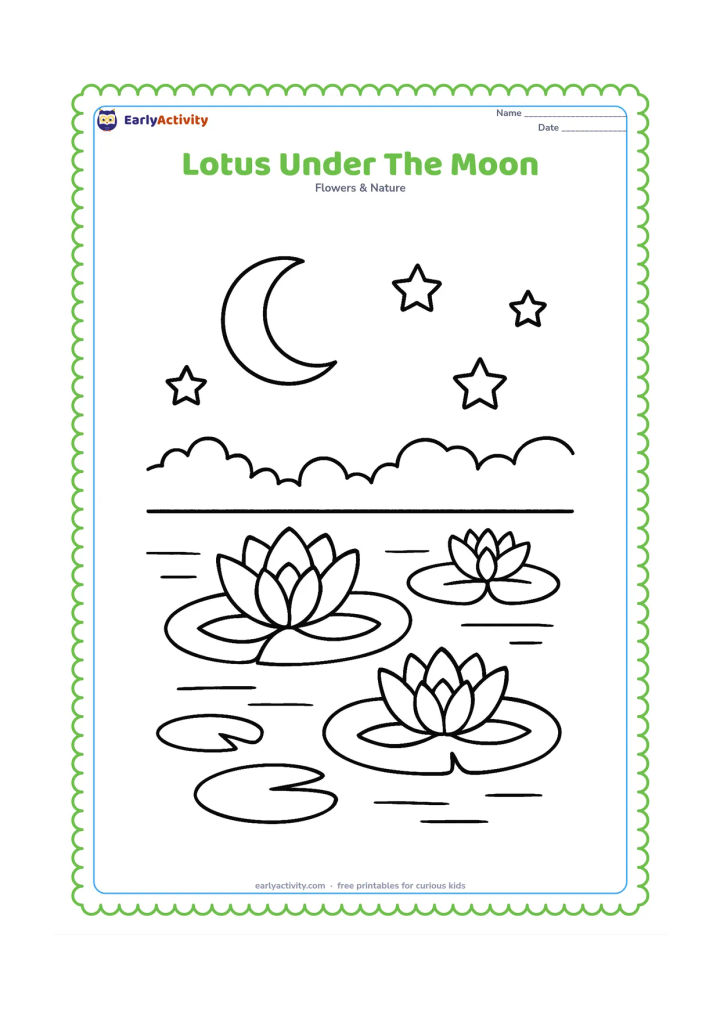 Colouring page: Draw an evening pond with three lotus flowers, round leaves, a crescent moon and a few large stars above distant tree silhouettes. Include simple reflections in the water.