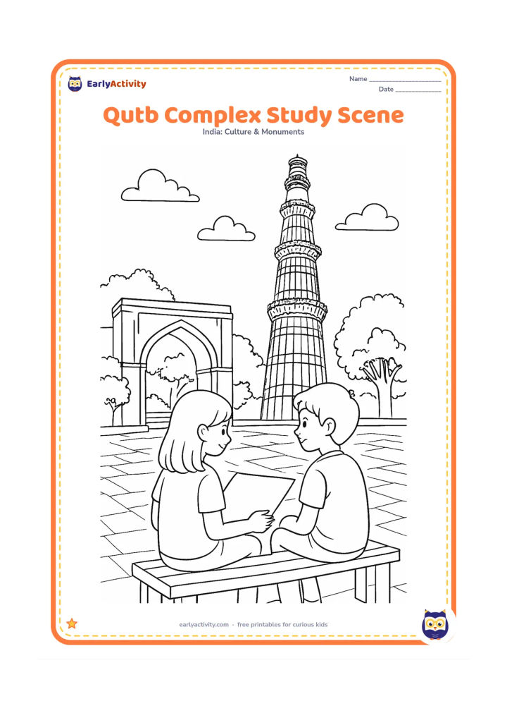 Colouring page: Draw older children seated on a courtyard bench observing Qutub Minar, with a blank map-like sheet on their lap, an arch, trees, stone paving, and the tower's five storeys in the background.