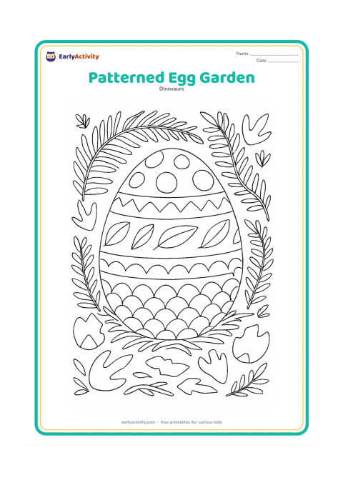 Colouring page: A large central dinosaur egg has bands, spots, zigzags, leaf shapes, and small scale-like panels. Surround it with overlapping ferns, shell fragments, footprints, and nest fibres.