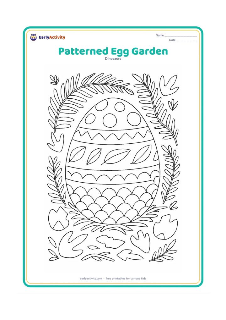 Colouring page: A large central dinosaur egg has bands, spots, zigzags, leaf shapes, and small scale-like panels. Surround it with overlapping ferns, shell fragments, footprints, and nest fibres.