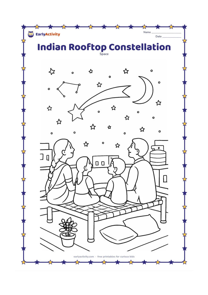 Colouring page: An Indian family sits on a rooftop at night looking toward an original constellation, a large shooting star and a bright crescent Moon. Include charpoys, cushions, potted tulsi, a water…
