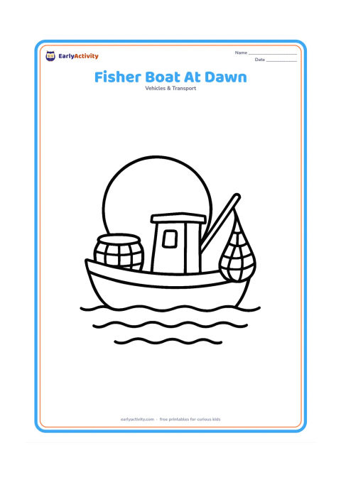 Colouring page: Draw a small fishing boat on calm water with one large basket and a simple fishing net hanging over the side. Place a big rising sun behind the boat.