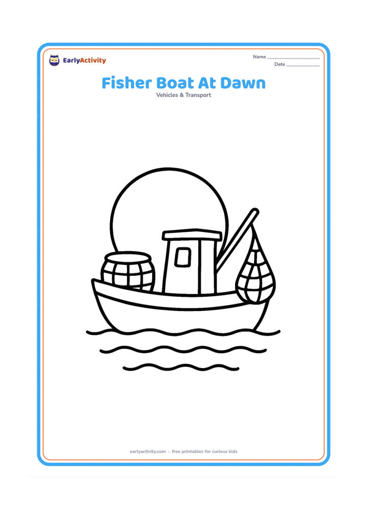 Colouring page: Draw a small fishing boat on calm water with one large basket and a simple fishing net hanging over the side. Place a big rising sun behind the boat.