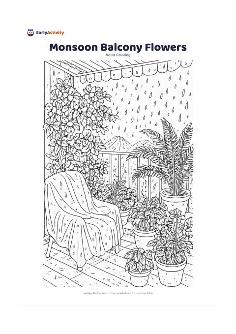 Colouring page: Draw an apartment balcony during gentle monsoon rain, filled with potted bougainvillea, ferns, basil and flowering plants. Include a covered chair, rain droplets on leaves and rooftops…
