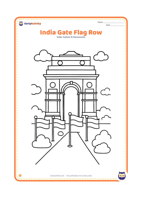 Colouring page: Draw India Gate behind a row of small Indian flags on poles along a lawn path. Add rounded shrubs and a few clouds, with no writing on the flags.