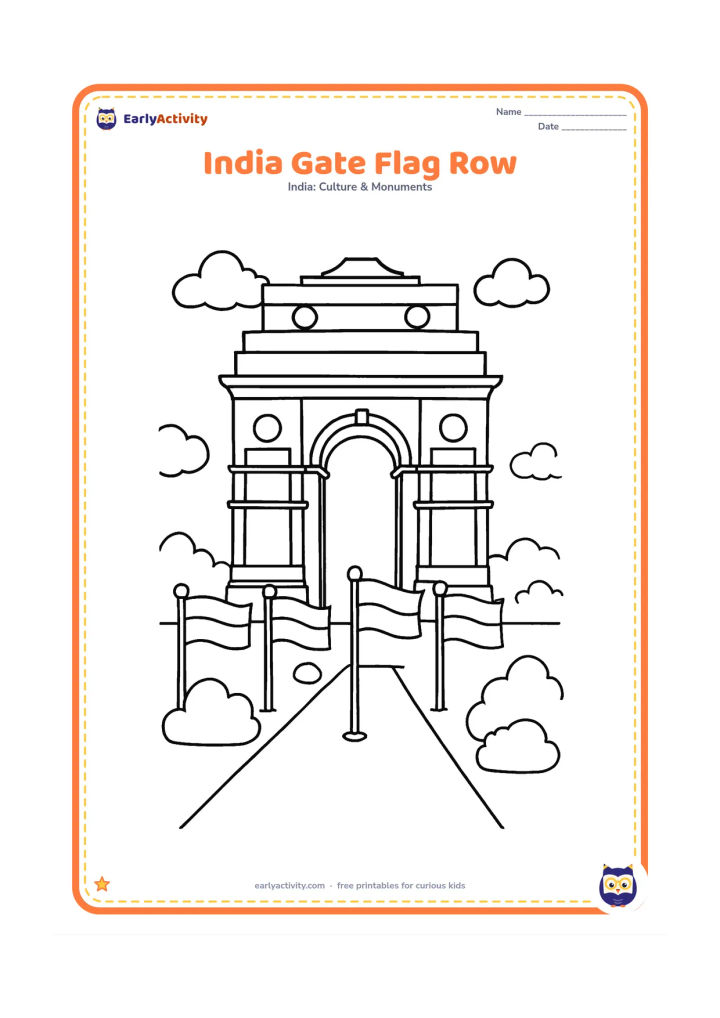 Colouring page: Draw India Gate behind a row of small Indian flags on poles along a lawn path. Add rounded shrubs and a few clouds, with no writing on the flags.