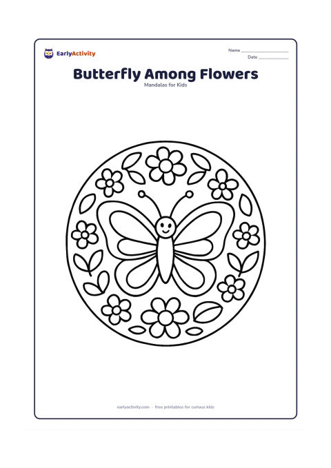Colouring page: A large butterfly rests in the middle of a circular mandala with both wings open. Arrange bold flower heads, rounded leaves and simple repeating wing shapes around it.