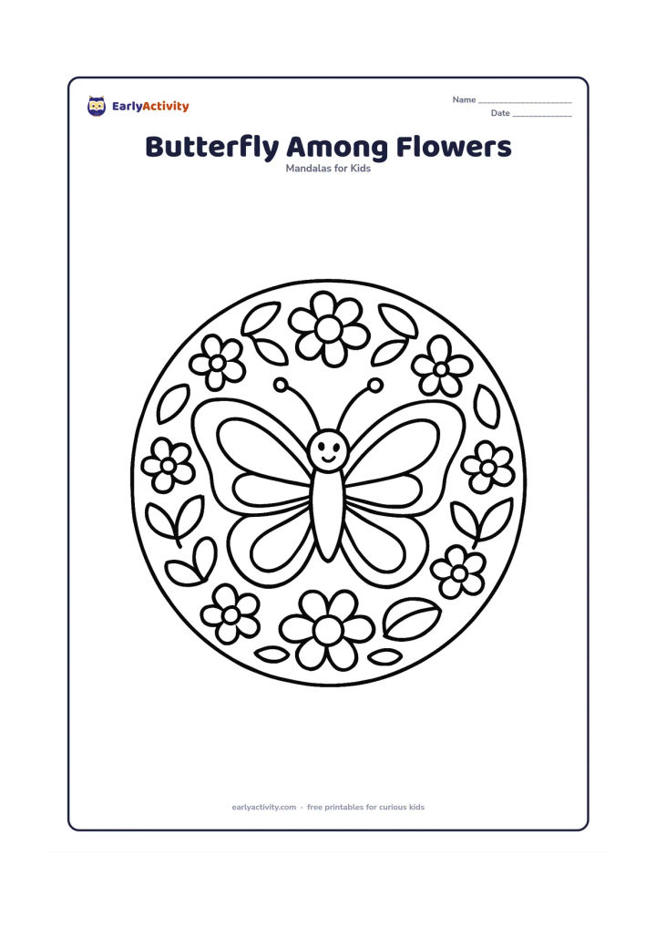 Colouring page: A large butterfly rests in the middle of a circular mandala with both wings open. Arrange bold flower heads, rounded leaves and simple repeating wing shapes around it.