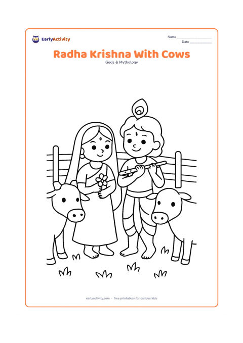 Colouring page: Draw Radha and Krishna standing between two calm cows, with Krishna holding his flute and Radha holding a flower. Add a simple fence and grassy ground.
