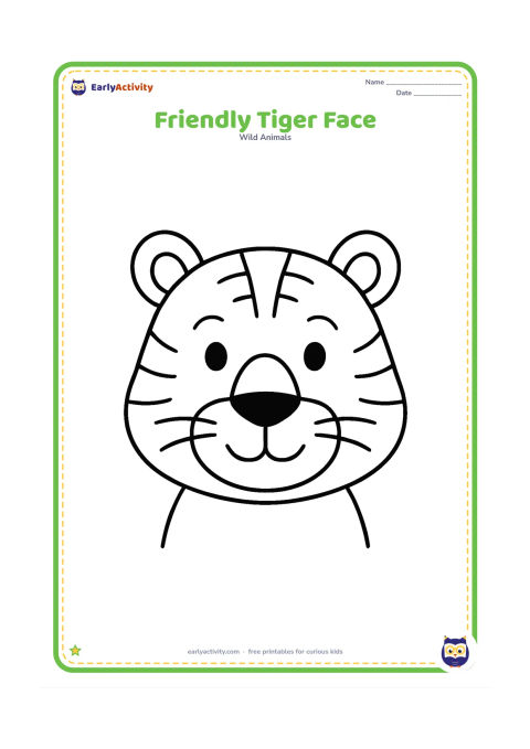 Colouring page: A large front-facing tiger head and shoulders with round eyes, ears, nose, whiskers, and broad cheeks. Leave generous blank space around the face with no background objects.