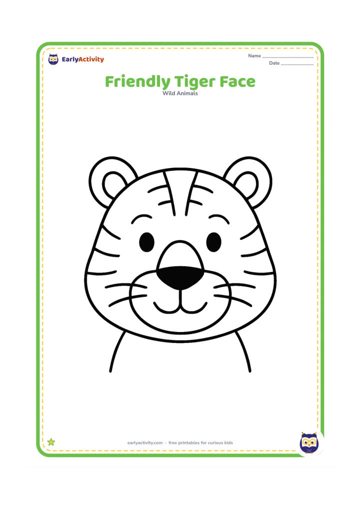 Colouring page: A large front-facing tiger head and shoulders with round eyes, ears, nose, whiskers, and broad cheeks. Leave generous blank space around the face with no background objects.