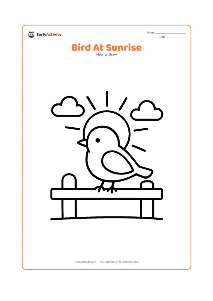 Worksheet: A simple bird stands on a fence rail with a large rising sun and two rounded clouds behind it. Use an oval body, round head, pointed beak, folded wing and two easy feet.