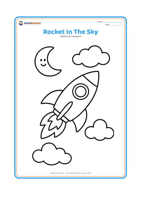 Colouring page: Draw a cheerful rocket flying diagonally upward through a clear sky with a few large clouds and a smiling crescent Moon in the distance.