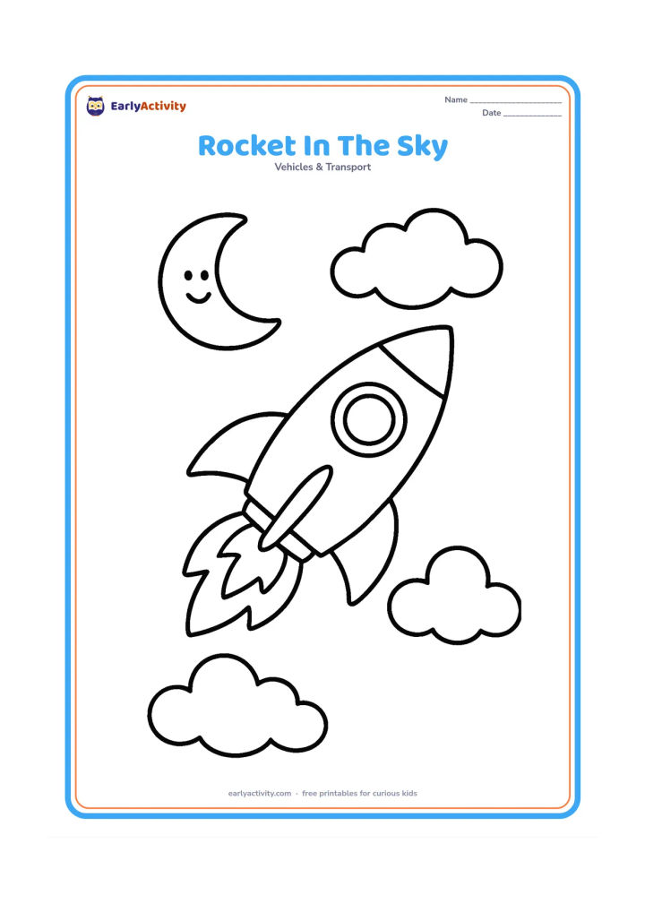 Colouring page: Draw a cheerful rocket flying diagonally upward through a clear sky with a few large clouds and a smiling crescent Moon in the distance.