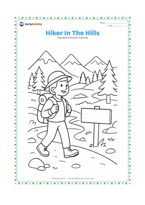 Colouring page: A cheerful hiker with a backpack walks along a mountain trail beside a plain wooden signpost with no writing, while pine trees, rocks, a stream, and distant peaks fill the background.…