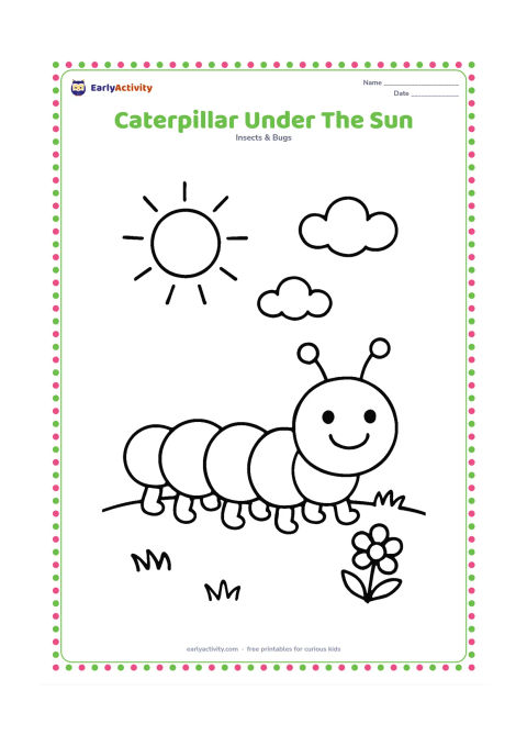 Colouring page: Draw a large caterpillar walking across a grassy patch beneath a big round sun with a few short rays. Add one simple flower and two clouds.