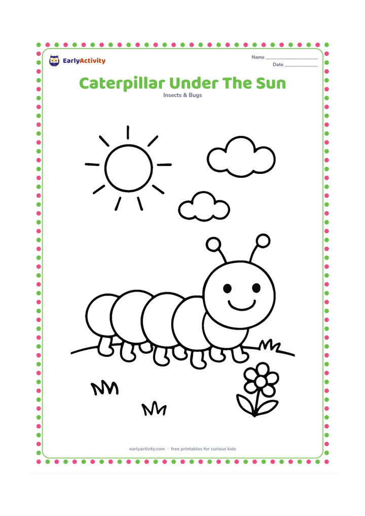 Colouring page: Draw a large caterpillar walking across a grassy patch beneath a big round sun with a few short rays. Add one simple flower and two clouds.