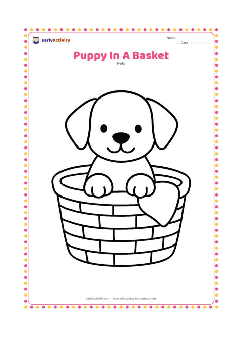 Colouring page: Draw a small puppy sitting inside a wide woven basket, with its head, ears, and front paws visible over the rim. Add a plain blanket shape inside the basket.