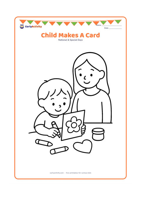 Colouring page: A child sits at a table decorating a completely blank folded card with a large flower shape, while a mother watches from nearby. Include a few chunky crayons, a glue pot and a…