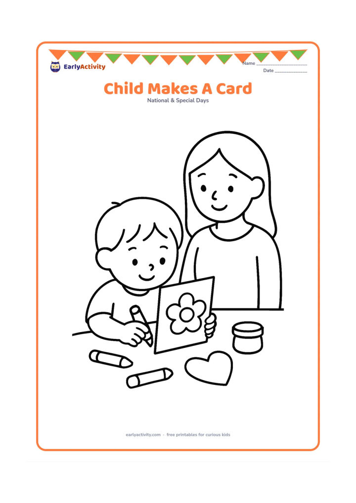 Colouring page: A child sits at a table decorating a completely blank folded card with a large flower shape, while a mother watches from nearby. Include a few chunky crayons, a glue pot and a…